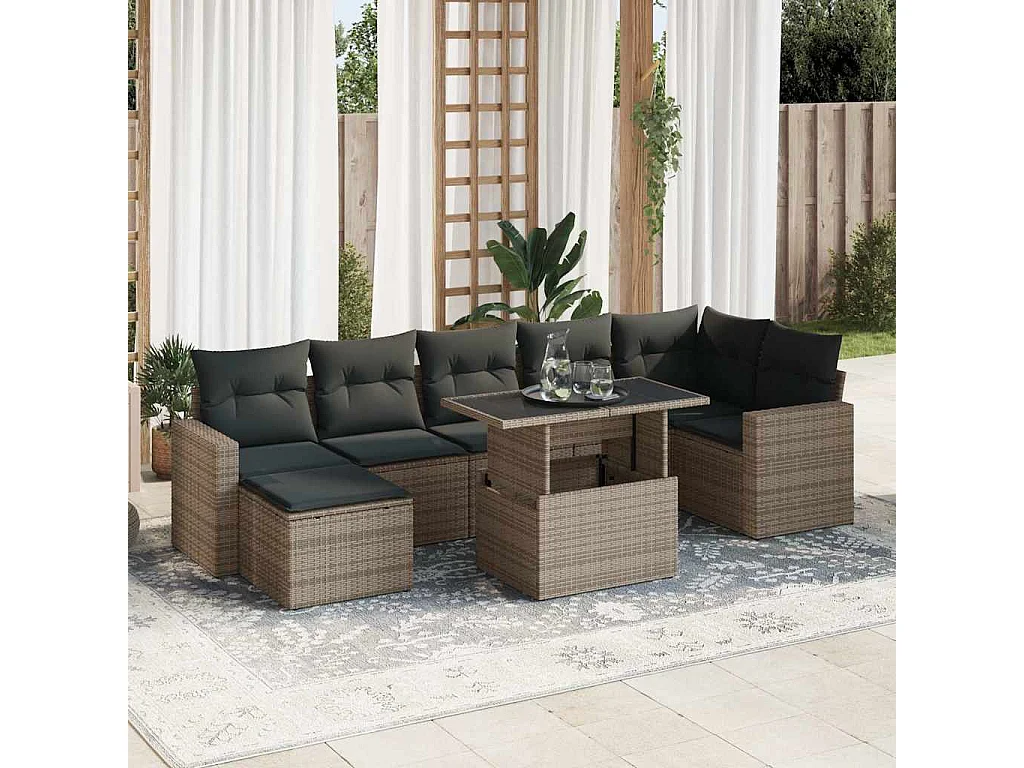 Salon de jardin 8 pcs avec coussins gris résine tressée