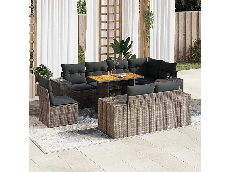 Salon de jardin 9 pcs avec coussins gris résine tressée