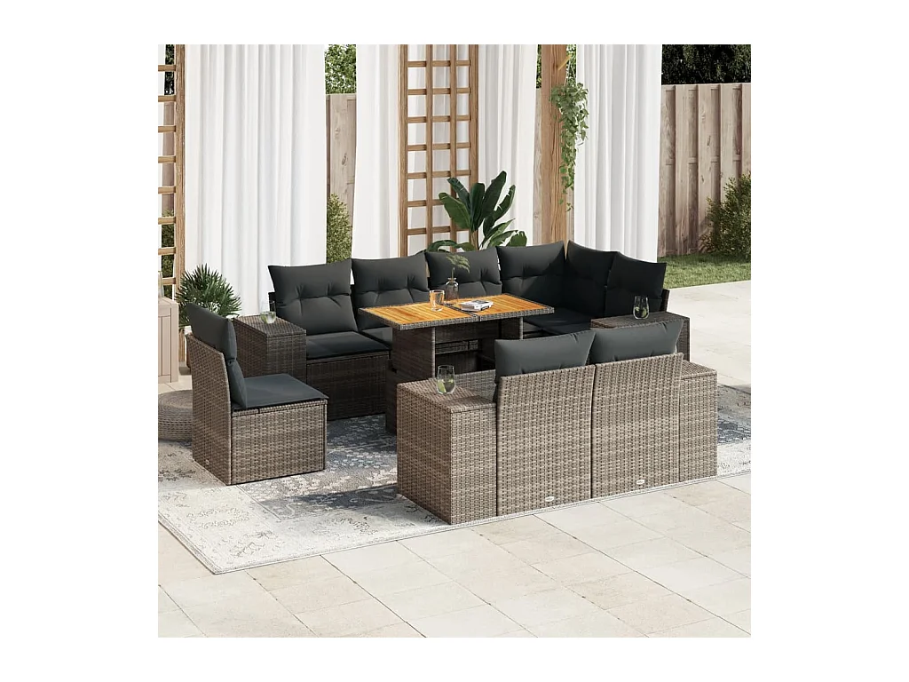 Salon de jardin 9 pcs avec coussins gris résine tressée