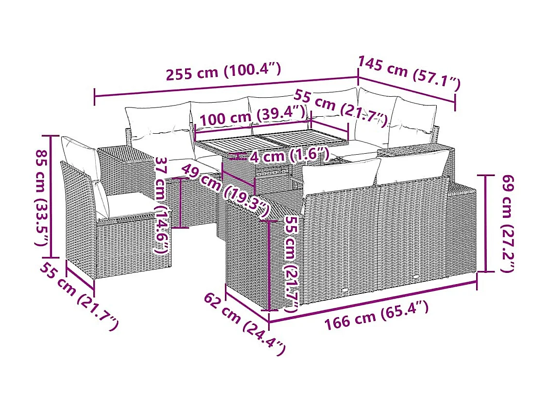 Salon de jardin 9 pcs avec coussins gris résine tressée