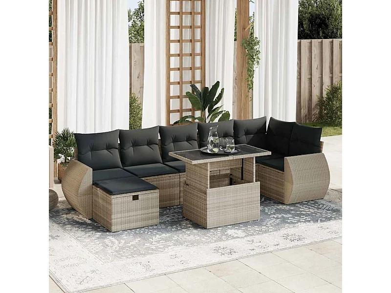 Salon de jardin 8 pcs avec coussins gris clair résine tressée