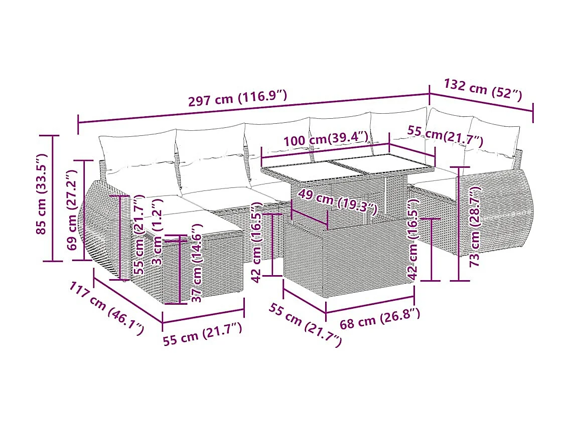 Salon de jardin 8 pcs avec coussins gris clair résine tressée