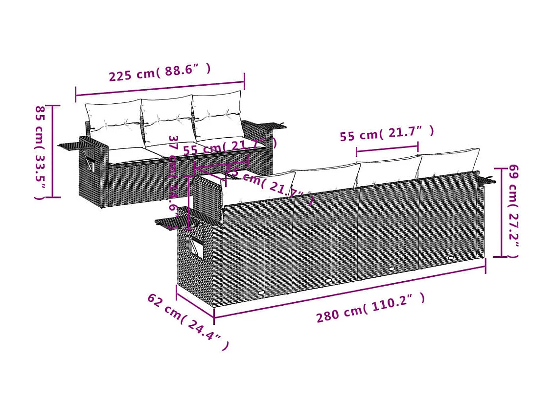 8 pcs conjunto sofás de jardim c/ almofadões vime PE castanho