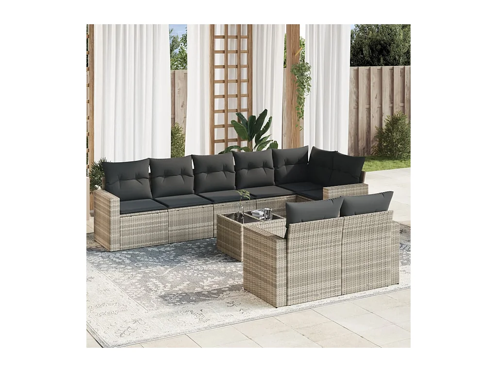 Salon de jardin 9 pcs avec coussins gris clair résine tressée
