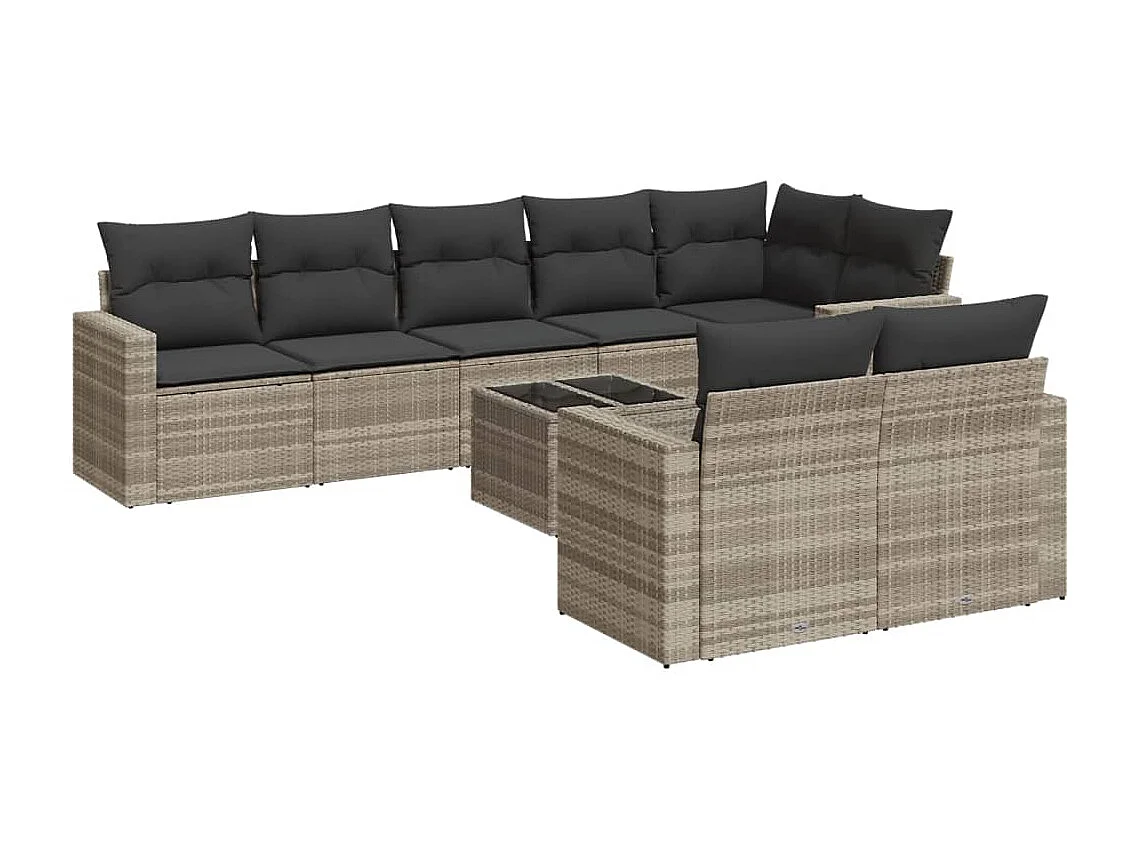 Salon de jardin 9 pcs avec coussins gris clair résine tressée