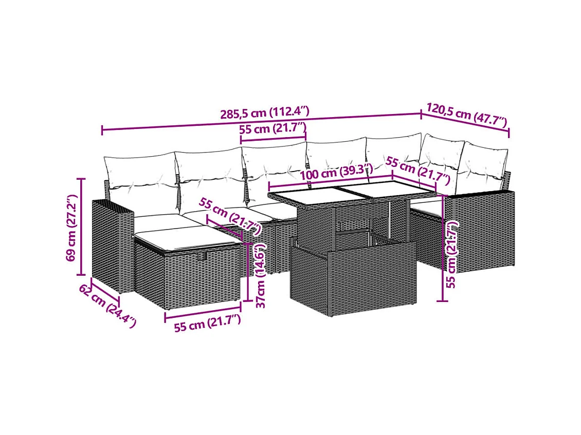 8-delige Loungeset met kussens poly rattan beige