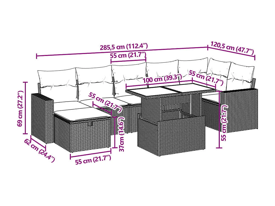 Salon de jardin avec coussins 8 pcs beige résine tressée