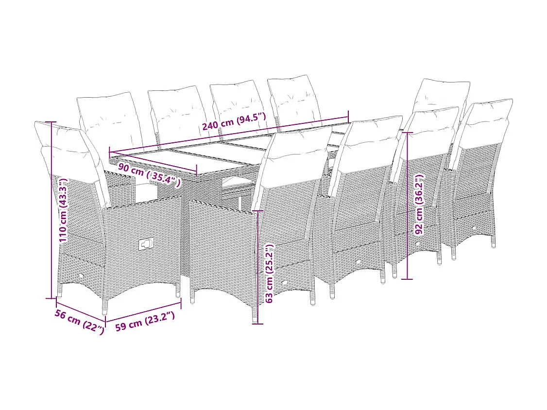 11-delige Bistroset met kussens poly rattan grijs