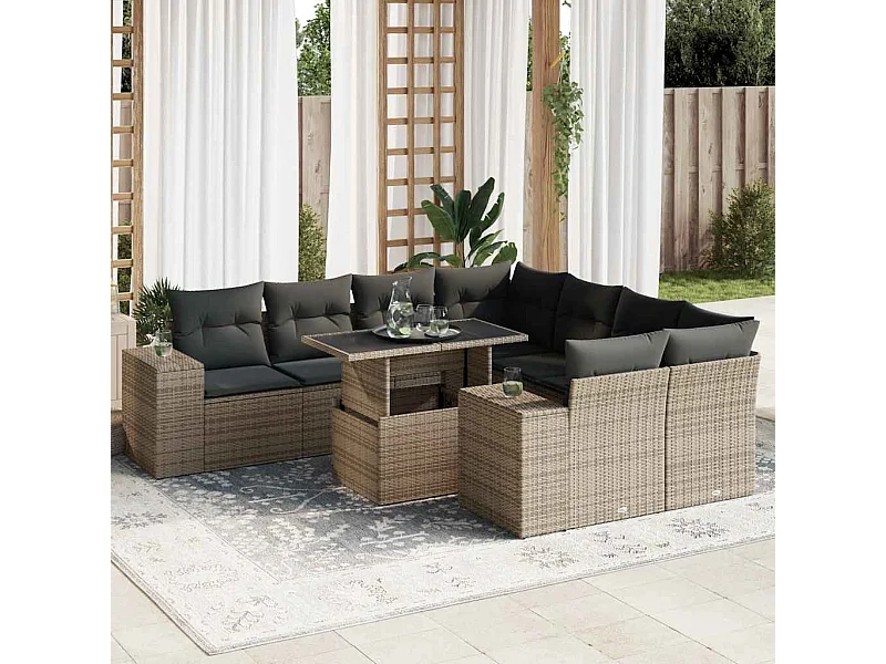 Salon de jardin 9 pcs avec coussins gris résine tressée