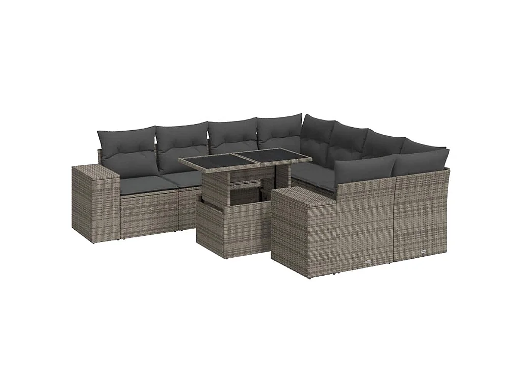 9-delige Loungeset met kussens poly rattan grijs