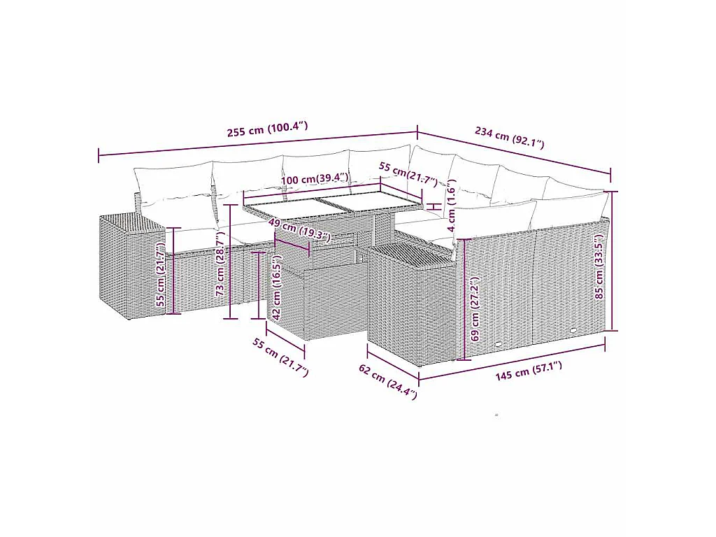 9-delige Loungeset met kussens poly rattan grijs
