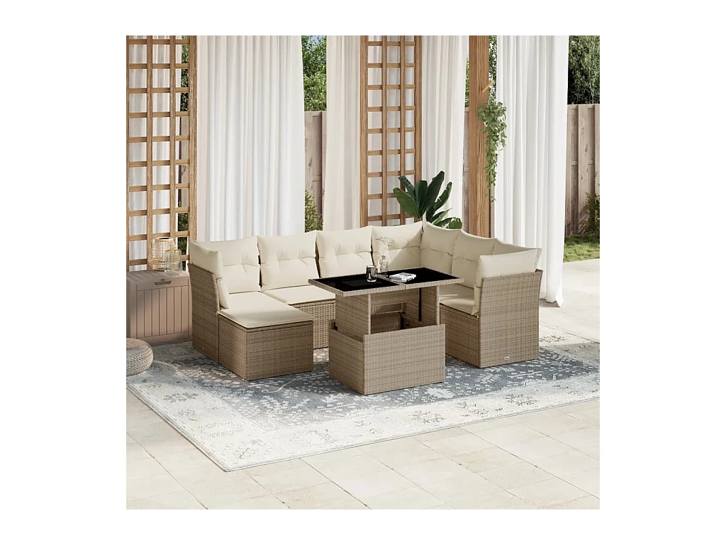 Set Divano da Giardino 8 pz con Cuscini Beige in Polyrattan