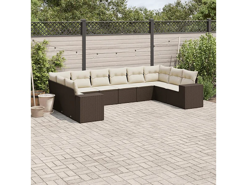 Salon de jardin 10 pcs avec coussins marron résine tressée