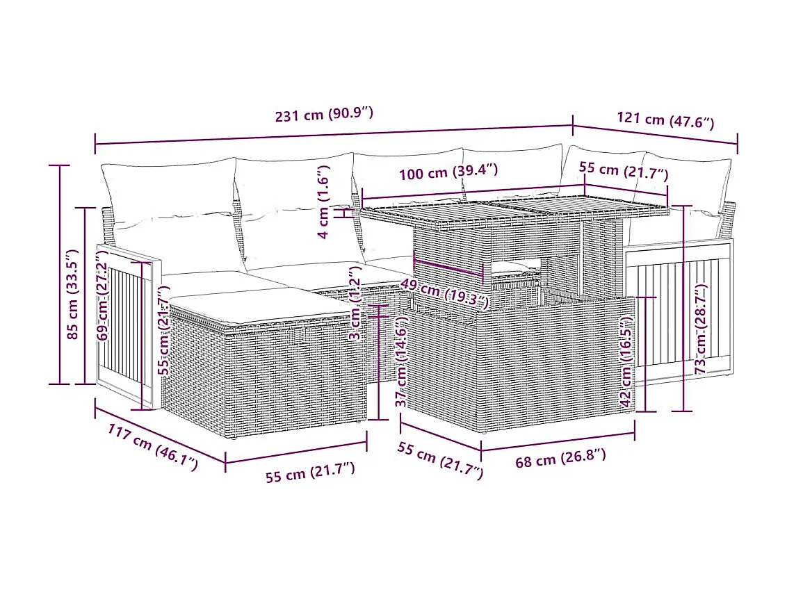 Salon de jardin 8 pcs avec coussins noir résine tressée