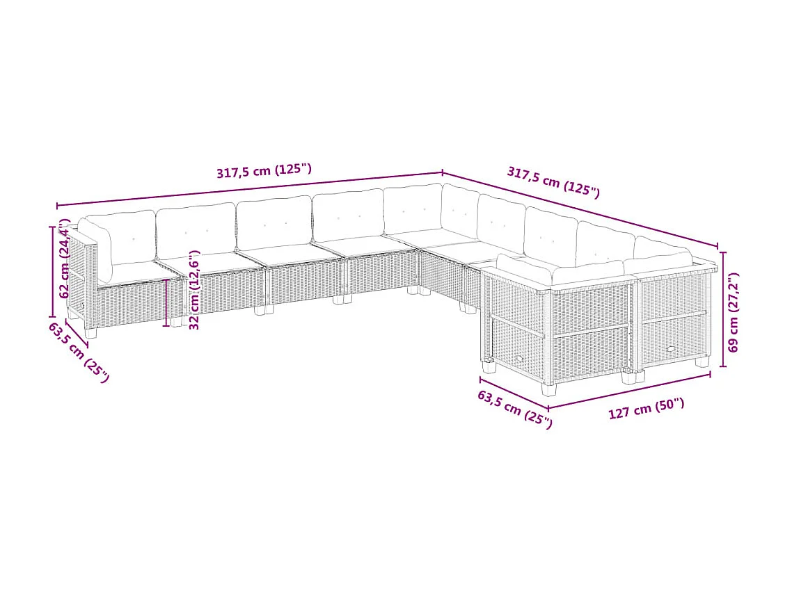 Set Divano da Giardino 10 pz con Cuscini Beige in Polyrattan