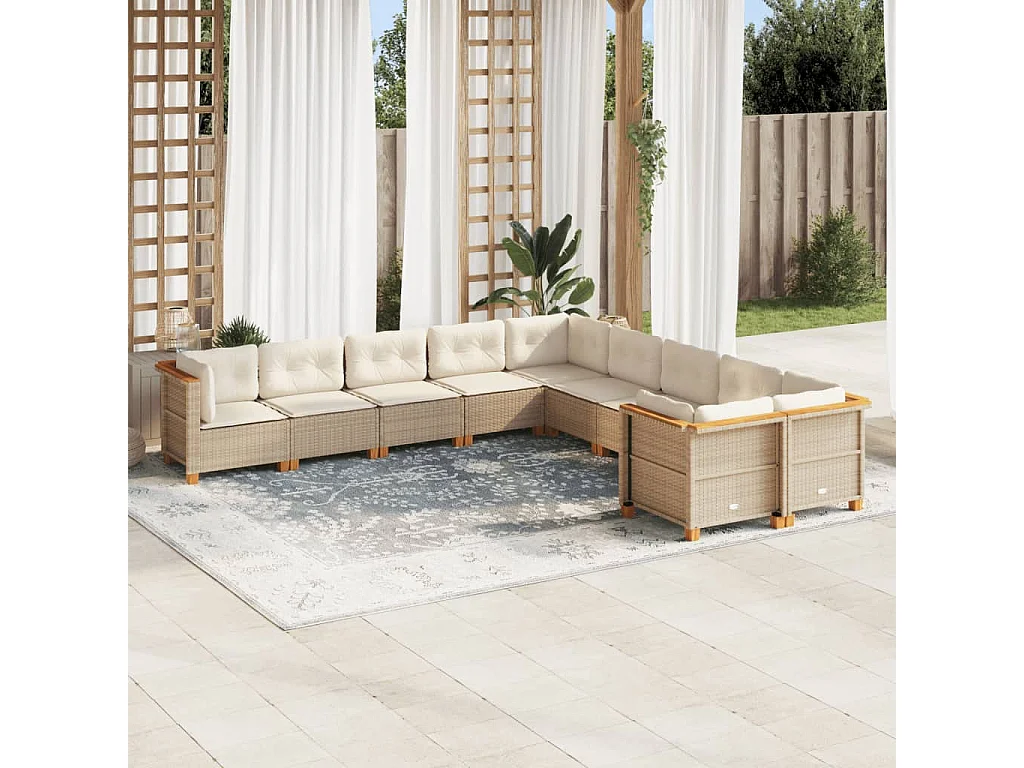 Set Divano da Giardino 10 pz con Cuscini Beige in Polyrattan