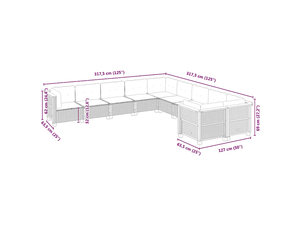 Set Divano da Giardino 10 pz con Cuscini Beige in Polyrattan