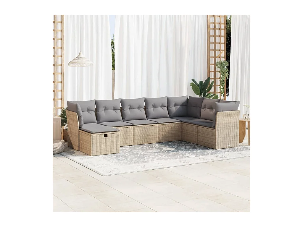 8 pcs conjunto de sofás p/ jardim com almofadões vime PE bege