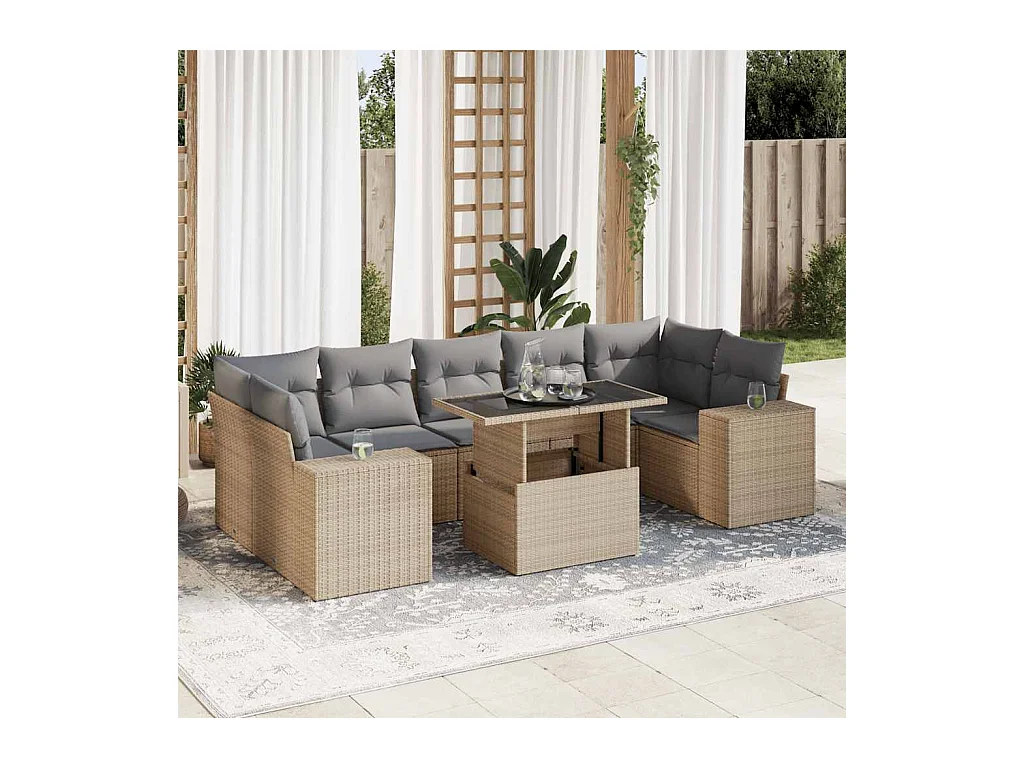 Salon de jardin avec coussins 8 pcs beige résine tressée