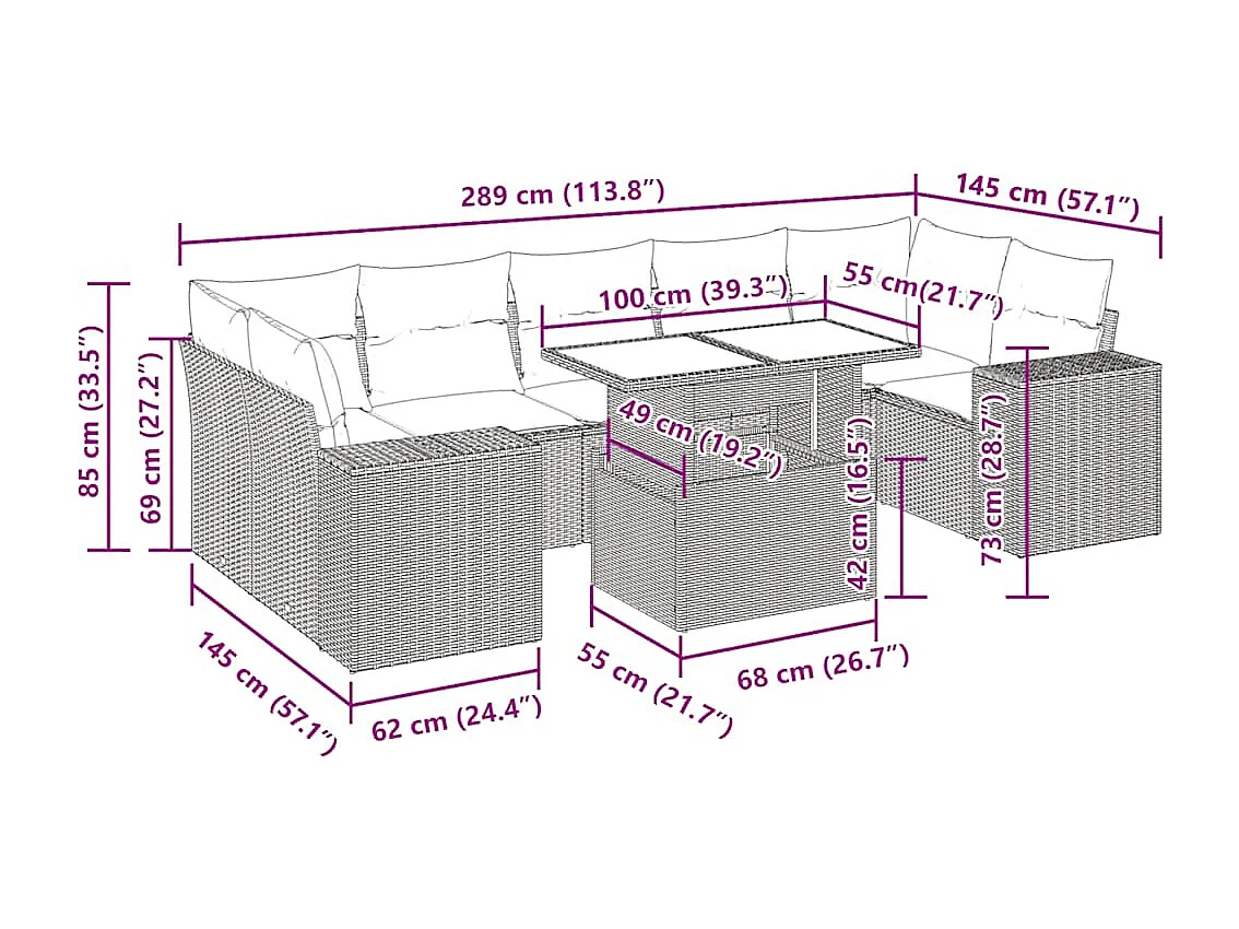 Salon de jardin avec coussins 8 pcs beige résine tressée