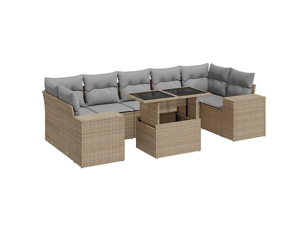 8-delige Loungeset met kussens poly rattan beige