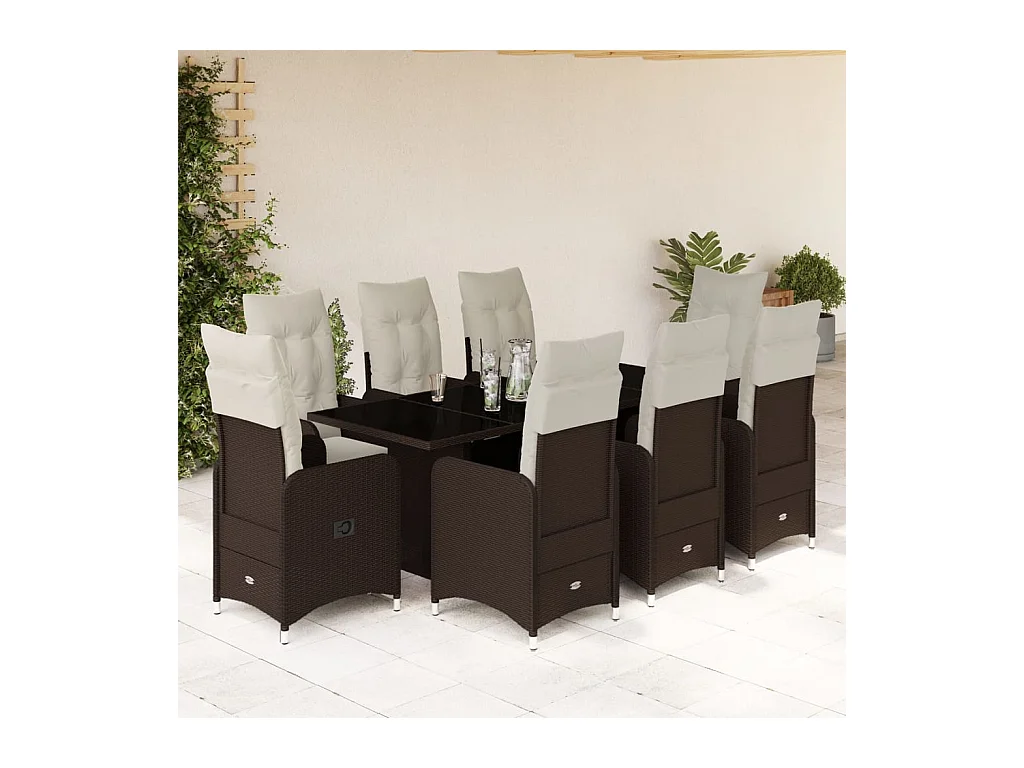 9-tlg. Garten-Bistro-Set mit Kissen Braun Poly Rattan