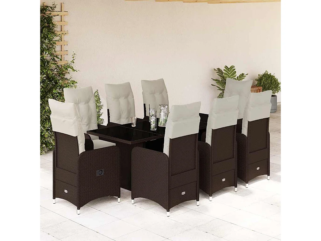 9-delige Bistroset met kussens poly rattan bruin