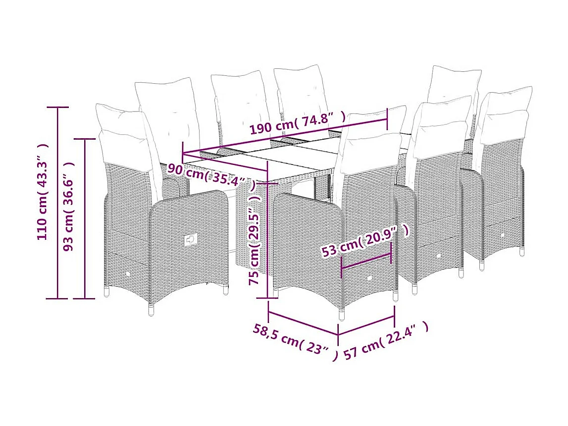 Ensemble de bistro de jardin 9 pcs coussins marron poly rotin