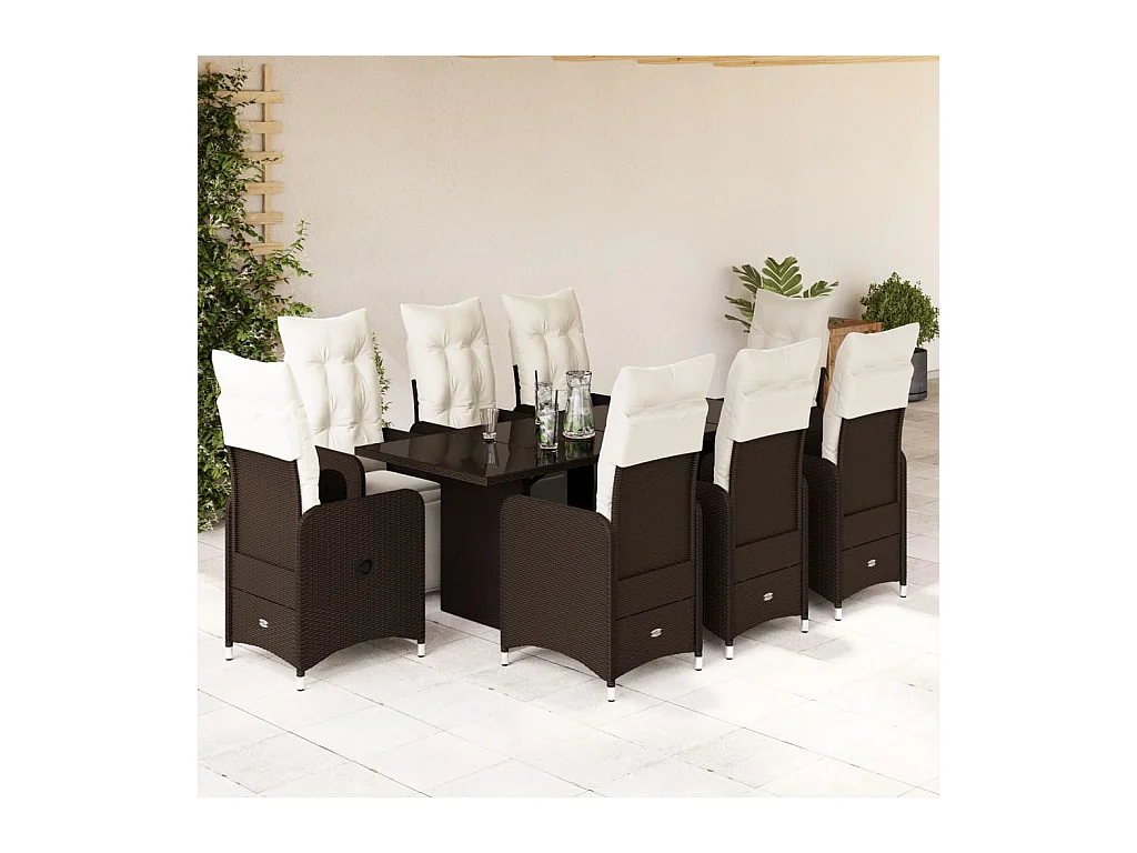 Ensemble de bistro de jardin 9 pcs coussins marron poly rotin