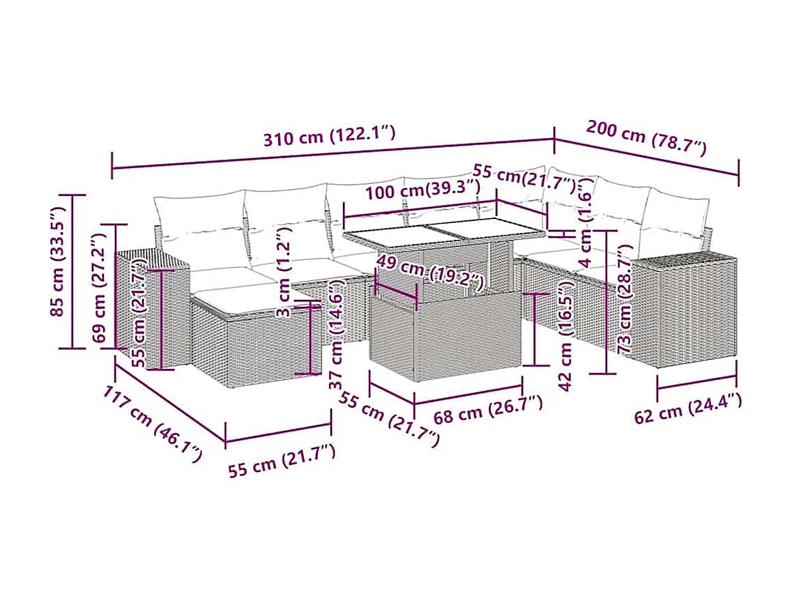 Salon de jardin avec coussins 9 pcs marron résine tressée