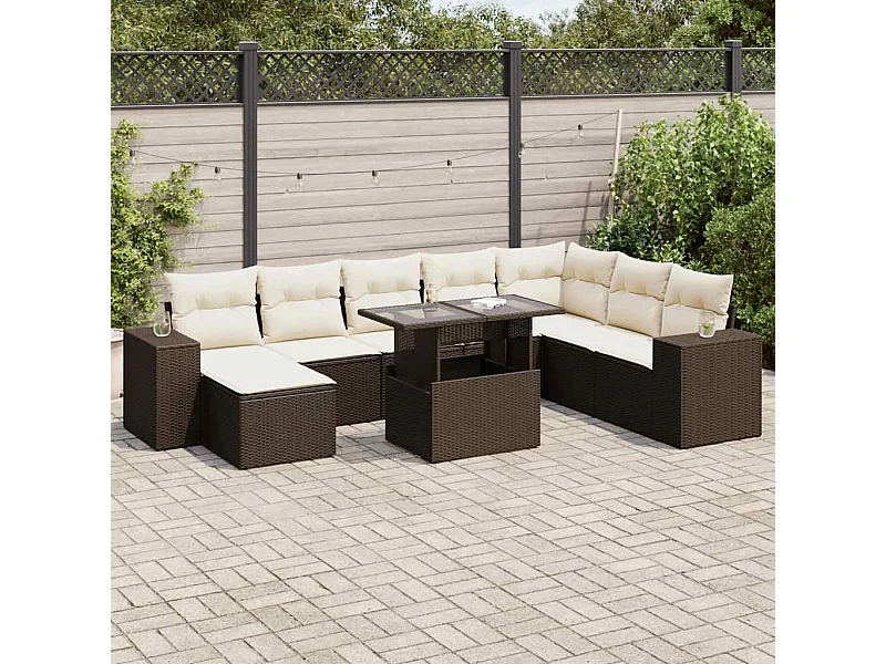 9-tlg. Garten-Sofagarnitur mit Kissen Braun Poly Rattan