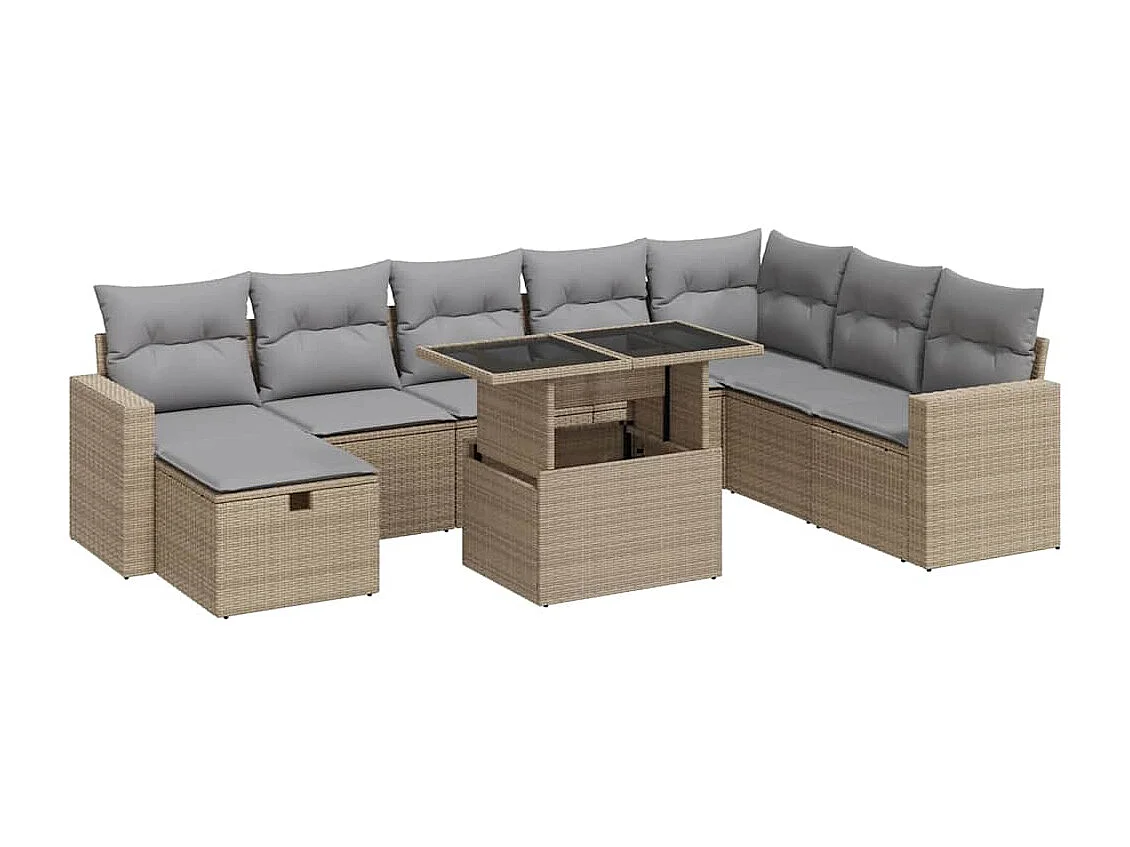 Salon de jardin avec coussins 9 pcs beige résine tressée
