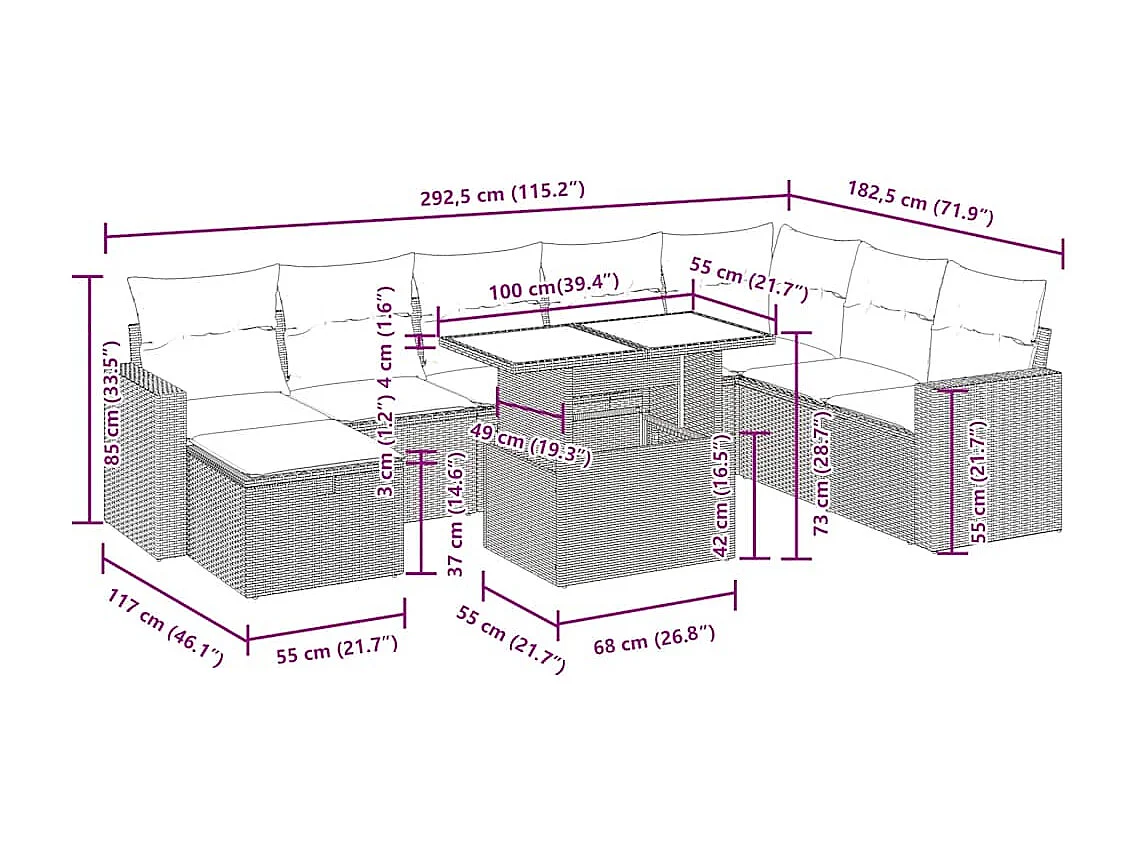 Salon de jardin avec coussins 9 pcs beige résine tressée