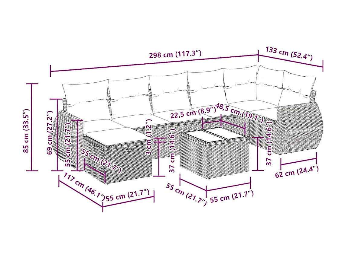 Salon de jardin 8 pcs avec coussins noir résine tressée