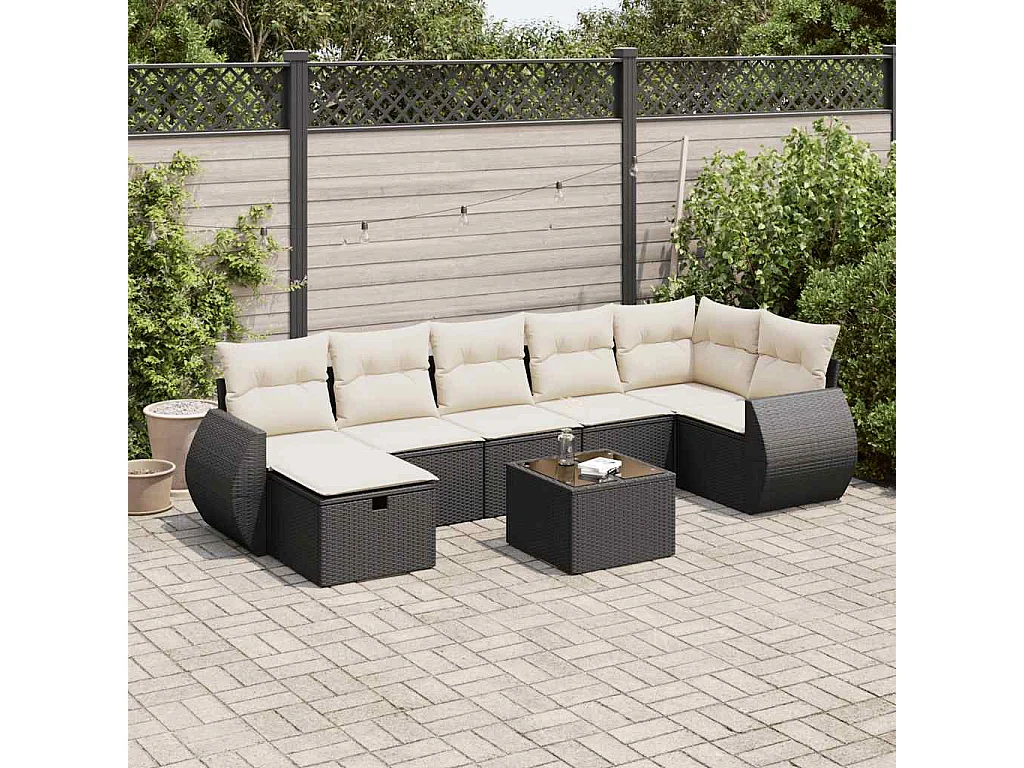 Salon de jardin 8 pcs avec coussins noir résine tressée