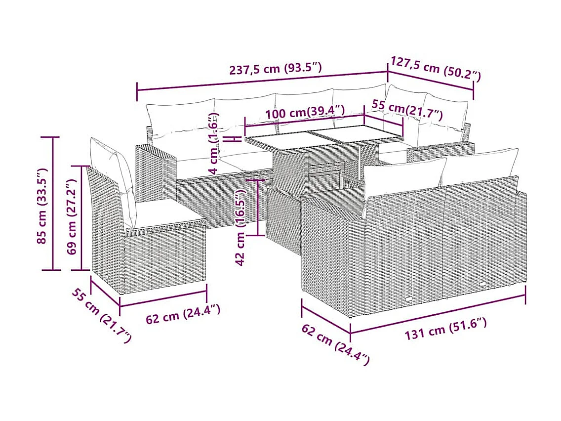 9-tlg. Garten-Sofagarnitur mit Kissen Beige Poly Rattan