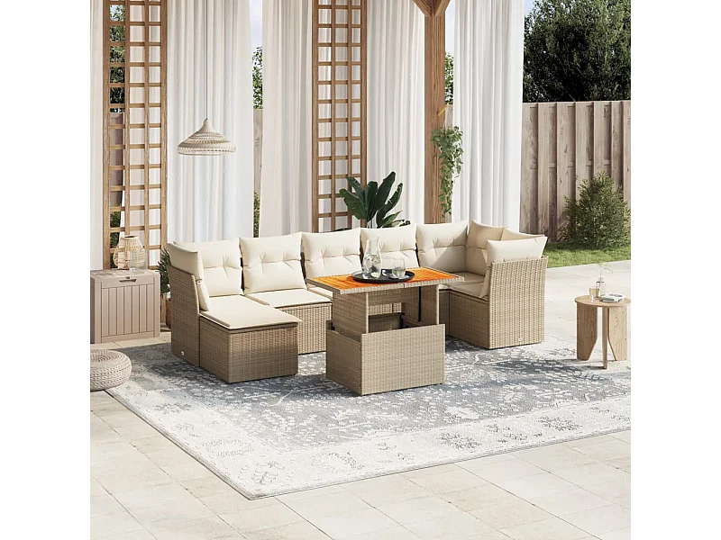 Salon de jardin avec coussins 8 pcs beige résine tressée