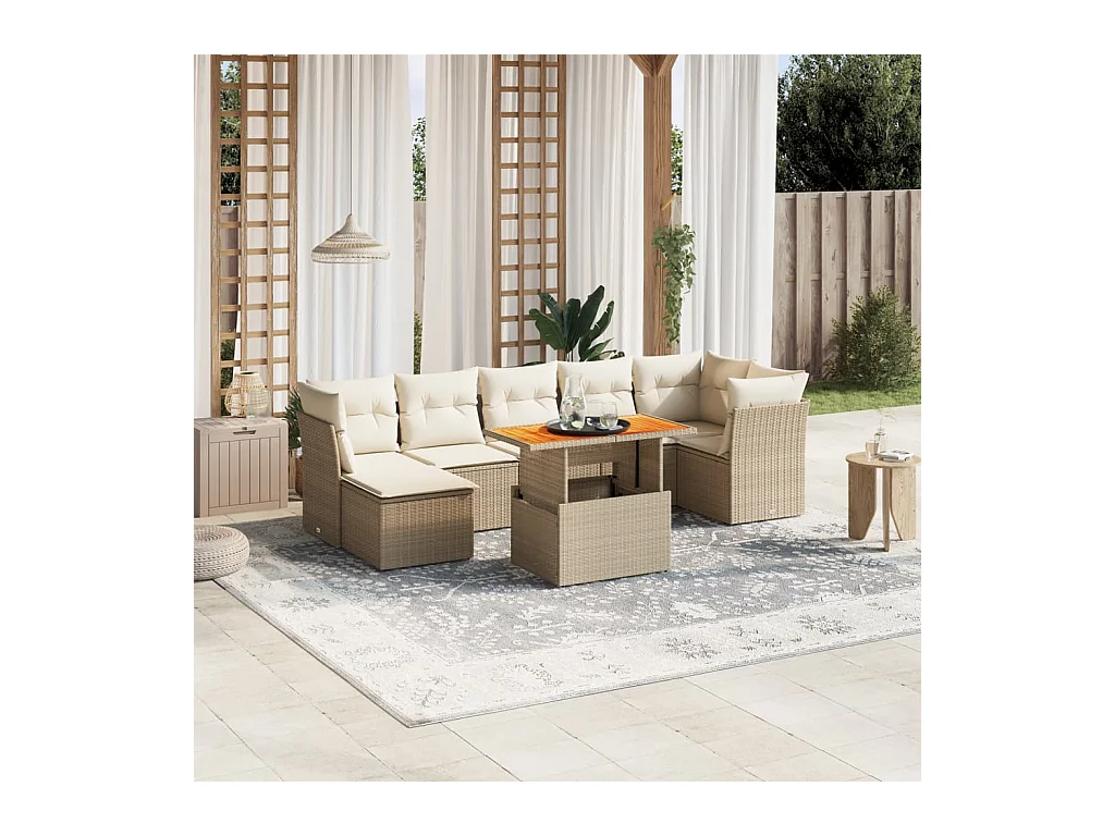 Salon de jardin avec coussins 8 pcs beige résine tressée