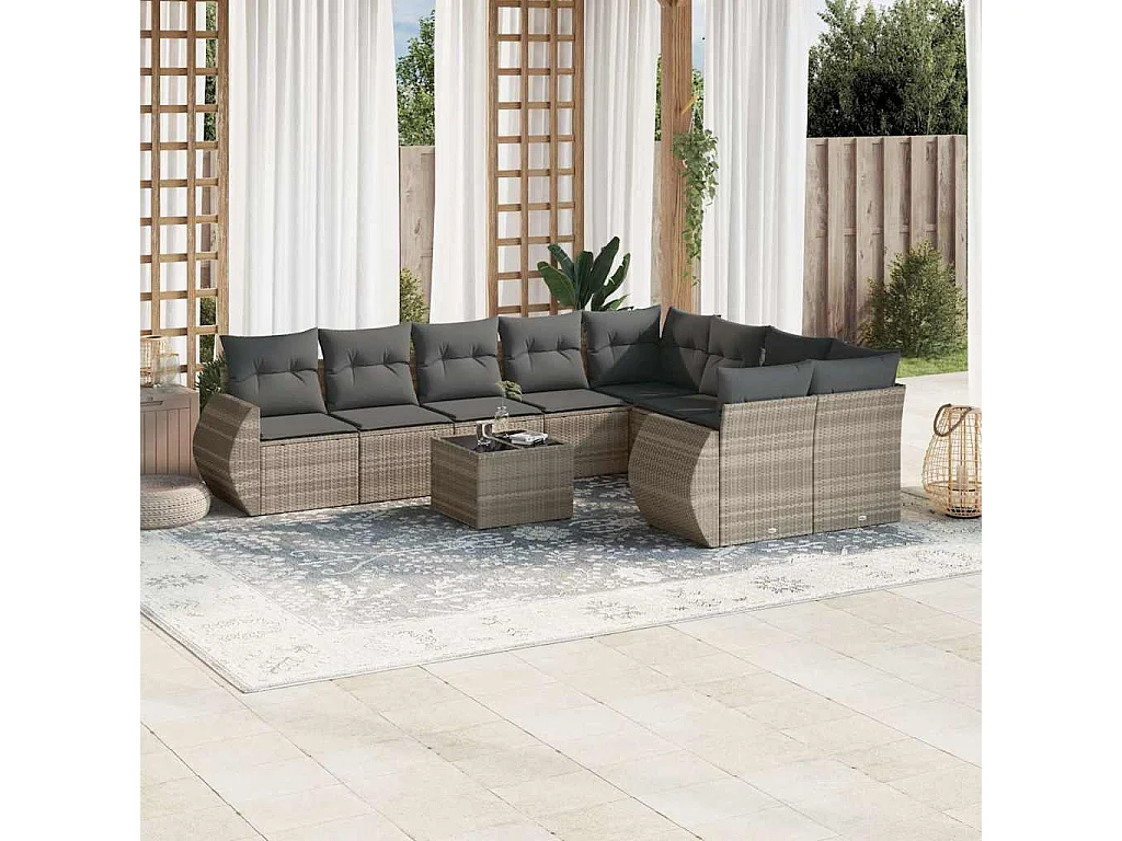 Salon de jardin avec coussins 10 pcs gris clair résine tressée