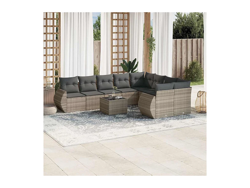 Salon de jardin avec coussins 10 pcs gris clair résine tressée