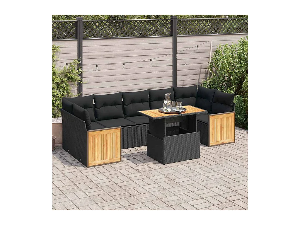 Salon de jardin avec coussins 8 pcs noir résine tressée acacia