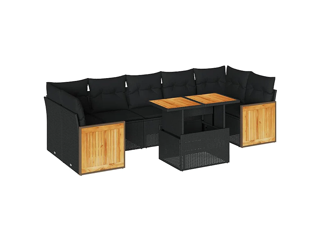 Salon de jardin avec coussins 8 pcs noir résine tressée acacia