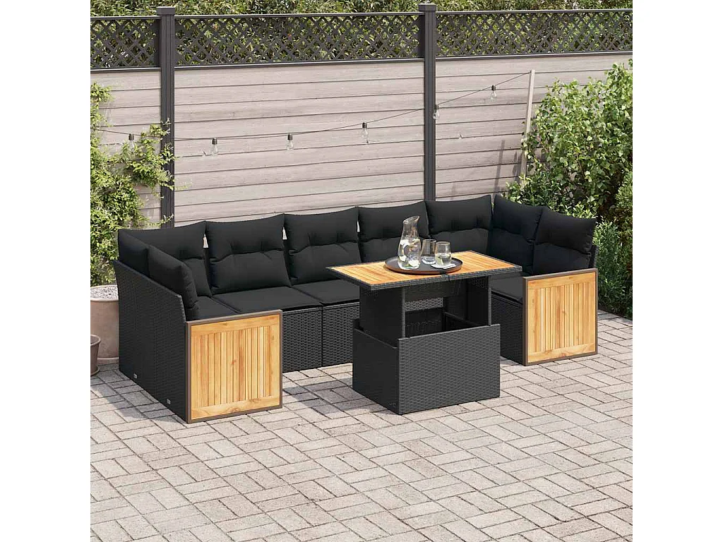 Salon de jardin avec coussins 8 pcs noir résine tressée acacia