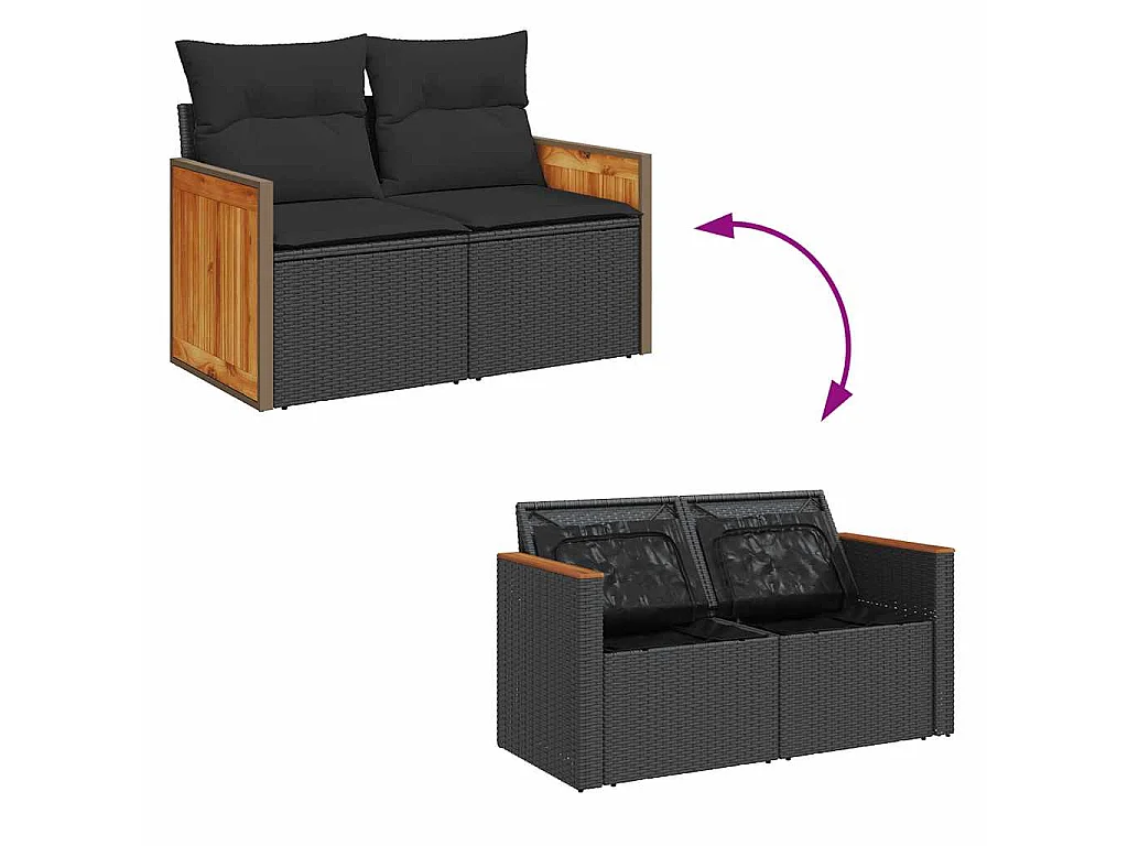 Salon de jardin avec coussins 8 pcs noir résine tressée acacia