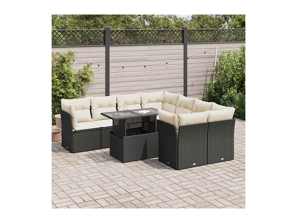 Salon de jardin 9 pcs avec coussins noir résine tressée