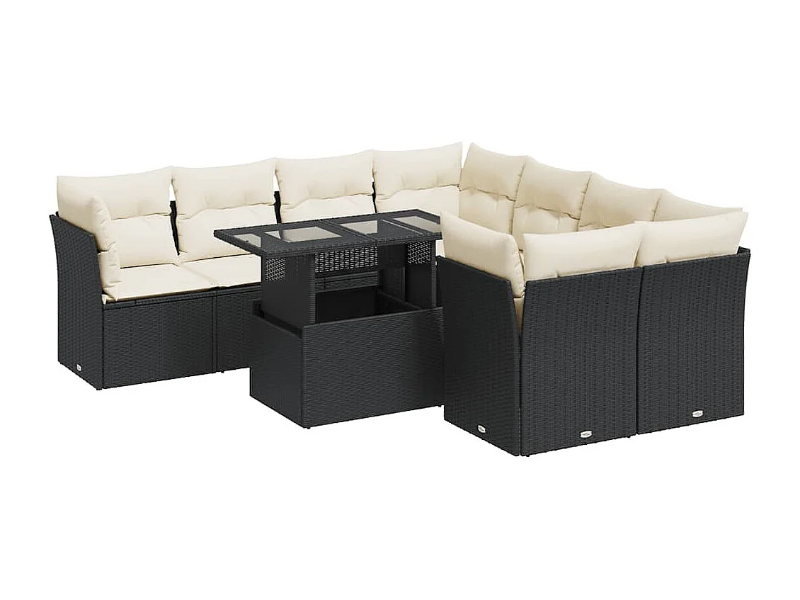 Salon de jardin 9 pcs avec coussins noir résine tressée