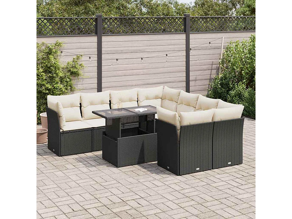 Salon de jardin 9 pcs avec coussins noir résine tressée