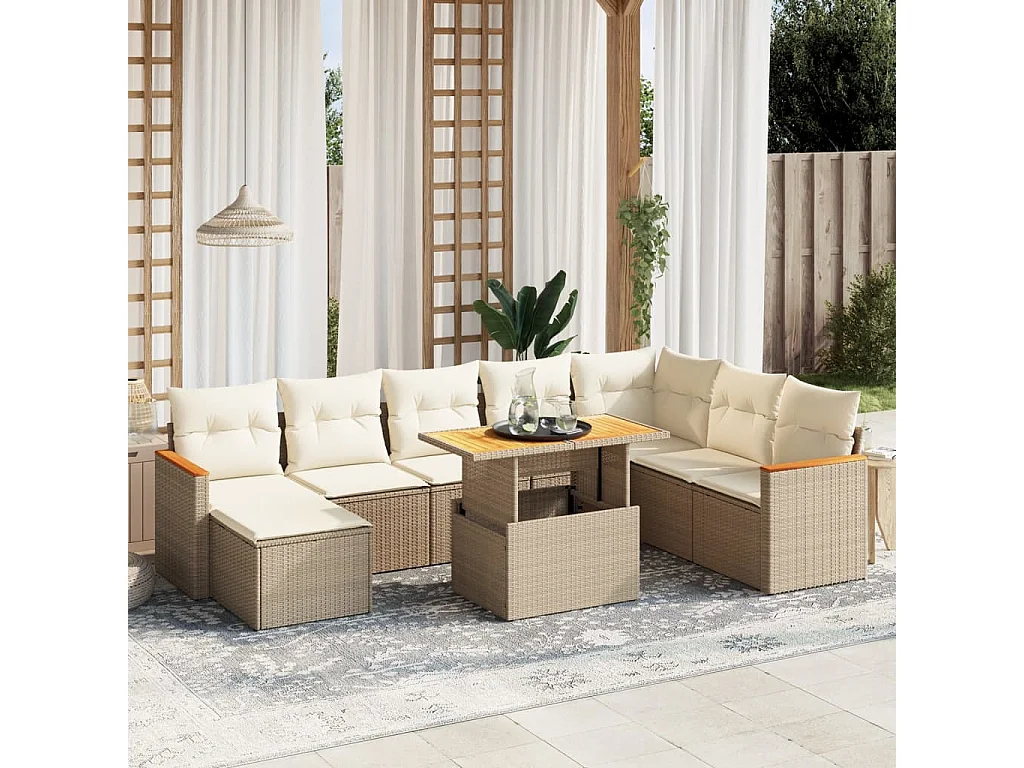 Salon de jardin avec coussins 9 pcs beige résine tressée