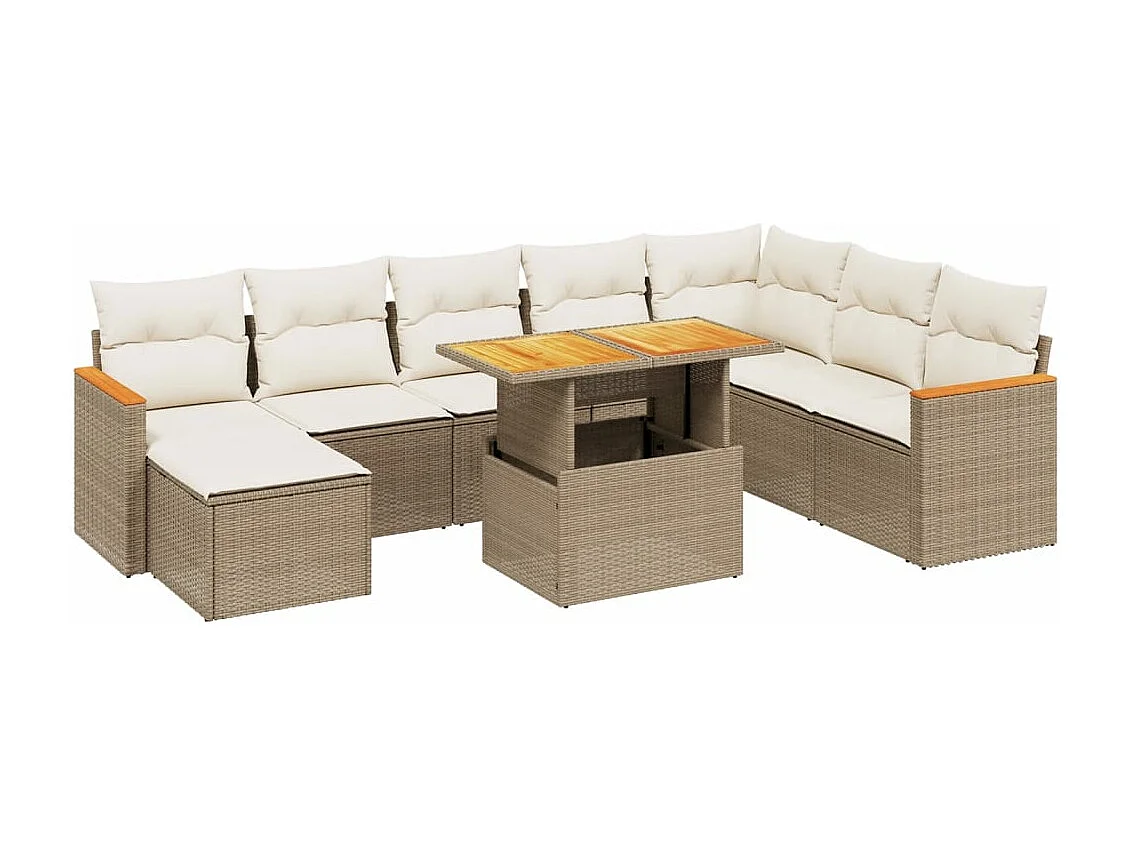 9-tlg. Garten-Sofagarnitur mit Kissen Beige Poly Rattan