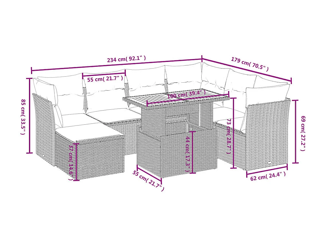 Salon de jardin avec coussins 8 pcs beige résine tressée